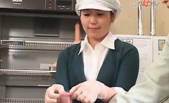 Asian baker girl learns to rub dick and put on a condom