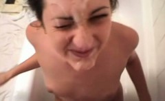 Brunette suck my dick in a bathtub and takes big facial