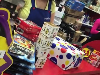 Chubby brunette cashier with enormous boobs caught on a spy