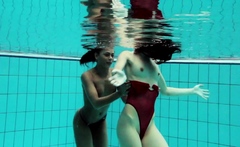 Nina Markova and Zlata Oduvanchik swimming naked in the pool