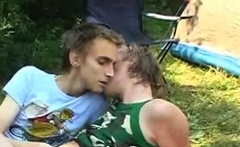 Camping twink tasting cum after breeding duo