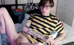 Emo gay boy jerks his uncut cock