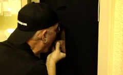 Gloryhole BJ DILF sucks cock near toilet