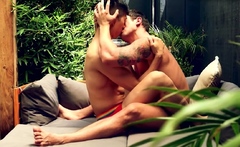 Outdoor stud fucks Asian twink at home