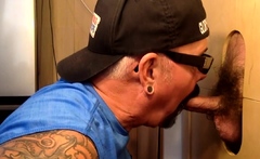 Inked gloryhole DILF sucks 4 mouthjizz