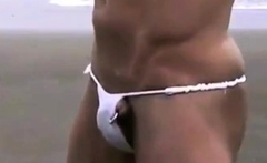 Muscled Asian Stud Bares Almost All at the Beach