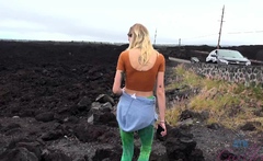 Amateur blonde jerks off cock outdoors