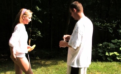 Busty blonde babe outdoor flash for cash