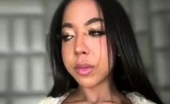 Busty curly brunette with big boobs fucks on couch