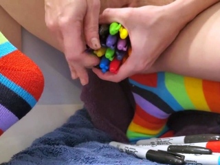 Gaping Pussy Stretched with Sharpies by a Socked Milf