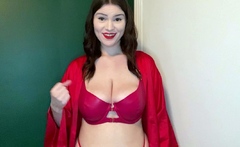 Busty curly brunette with big boobs fucks on couch