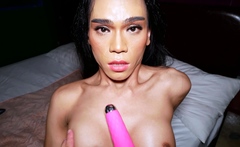 Big fake boobs Asian ladyboy doggystyle